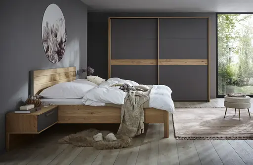 Schwebetürenschrank Viana - inkl. Passepartout, B ca. 271 cm, Lack, Steingrau, Riffholz, Balkeneiche