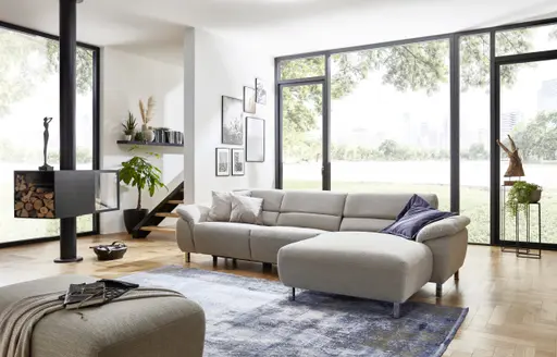 Polsterecke EM Sofia - 3-Sitzer mit Longchair rechts inkl. Kopfstütze verstellbar, Stoff, Silberfarben