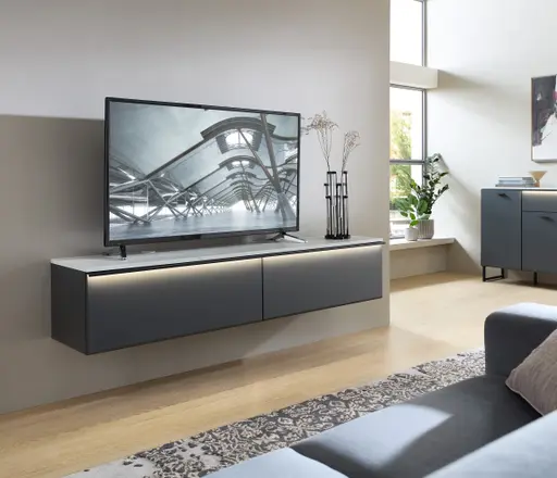 Hängeunterteil - mit Beleuchtung, B ca. 174 cm, Graphit, Marmor Nachbildung hell