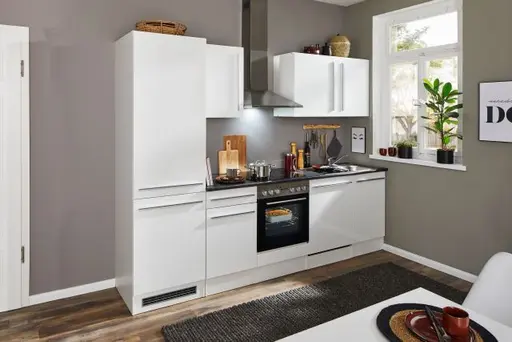 Küchenblock- Inkl. E-Geräte, B ca. 280cm, Weiß, Weiß Hochglanz