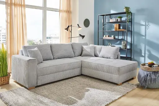Ecksofa JAMELL - 2,5-Sitzer, Ecke rechts inkl. Schlaffunktion mit Bettkasten, Stoff, Hellgrau