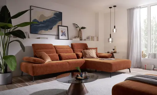 Ecksofa EM Setupal - 2,5-Sitzer mit Longchair rechts, Kopfteil/Armlehne/Rücken verstellbar, Stoff, Rost