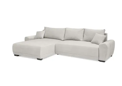 Ecksofa - Longchair links mit 2-Sitzer, Schlaffunktion mit Bettkasten, Stoff, Creme