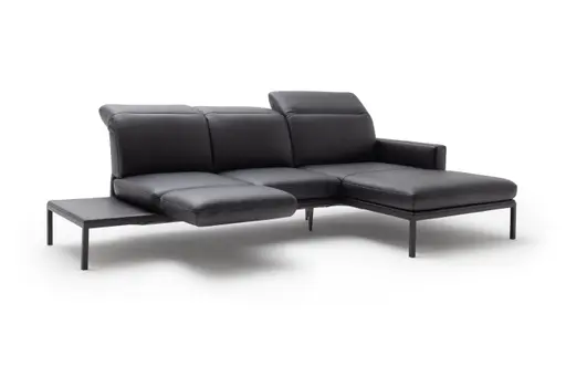 Ecksofa Noto - 2,5-Sitzer mit Longchair rechts inkl. Rückenlehne verstellbar, Leder, Schwarz