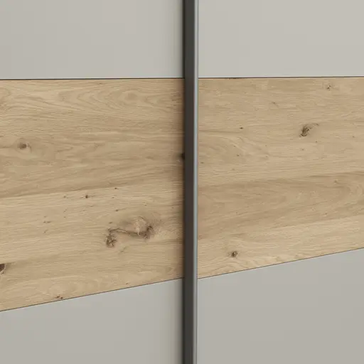 Schwebetürenschrank Viana - B ca. 278 cm, Furnier, Balkeneiche, Hellgrau