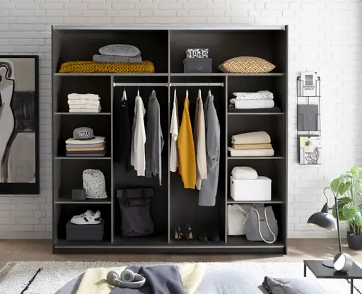 Schwebetürenschrank- B ca. 215 cm, Graphit, Eiche Dekor