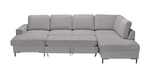 Wohnlandschaft - Longchair links, 2-Sitzer, Ecke rechts inkl. Schlaffunktion und Bettkasten, Stoff, Hellgrau
