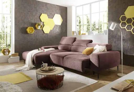 Ecksofa - Longchair links mit 2-Sitzer, Sitzvorzug motorisch, Kopfteil verstellbar, Stoff, Rotbusch