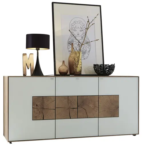 Sideboard - Kerneiche massiv, Mattglas, Weiß mit Hirnholzscheiben