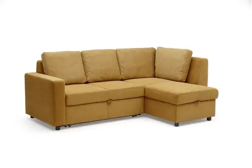 Ecksofa PRO FLEXX - 2-Sitzer, Ecke rechts inkl. Schlaffunktion und Bettkasten, Stoff, Senfgelb