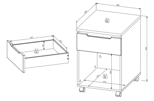 Rollcontainer - B ca. 45 cm, Weiß, Artisan Eiche Nachbildung