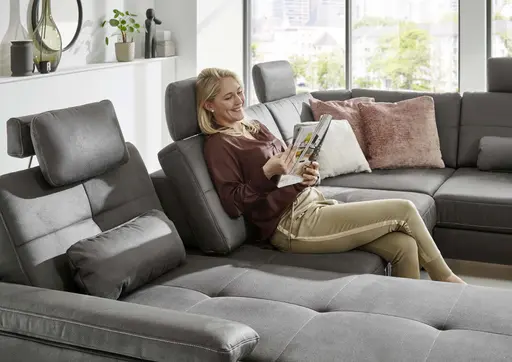 Wohnlandschaft - Longchair links mit 2,5-Sitzer und Ecke rechts, Sitztiefe verstellbar, Stoff, Eisengrau