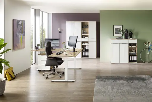 Winkelschreibtisch - höhenverstellbar, LB ca. 185x177 cm, Artisan Eiche Nachbildung, Weiß