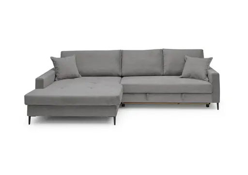 Ecksofa - Longchair links mit 3-Sitzer, Schlaffunktion mit Bettkasten, Stoff, Grau