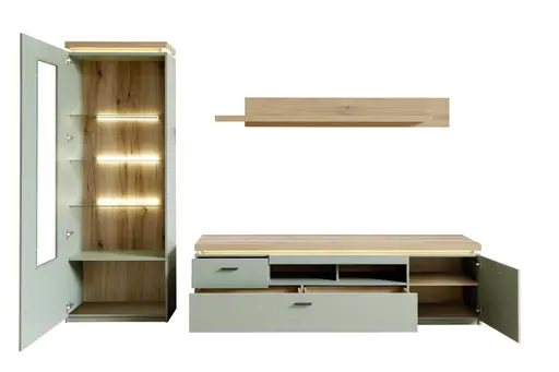 TV-Lowboard - mit Beleuchtung, B ca. 195 cm, Salbeigrün, Eiche Evoke Nachbildung