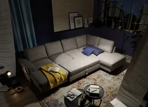 Wohnlandschaft - Longchair links mit 2-Sitzer und Ecke rechts, Stoff, Steingrau