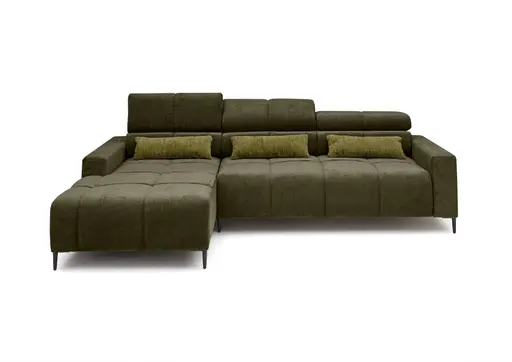 Ecksofa - Longchair links mit 2-Sizer, Sitztiefe verstellbar motorisch/Kopfteil verstellbar, Stoff, Dunkelgrün