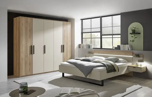 Drehtürenschrank - B. ca. 250,4 cm, Außentüren Holzdekor, Mitteltüren Beige