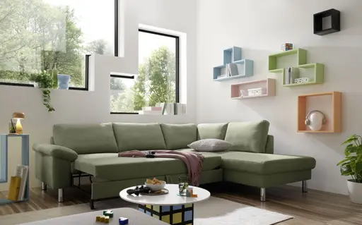 Ecksofa COOL - 2,5-Sitzer mit Ecke rechts, Querschläfer, Stoff, Hellgrün