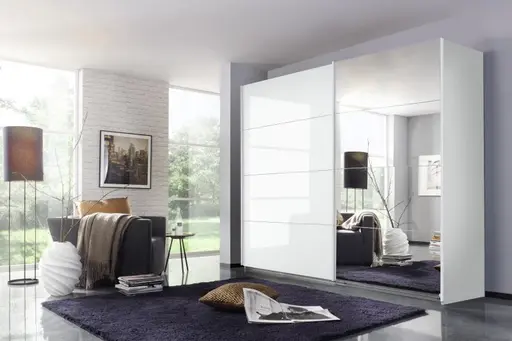 Schwebetürenschrank ROMAN- B ca. 271 cm, Weiß, Weiß Hochglanz, Spiegel