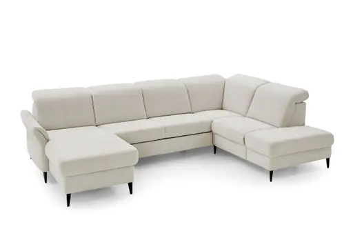 Wohnlandschaft - Longchair links mit 2,5-Sitzer und Ecke rechts, Kopfteil vertellbar, Stoff, Ecru