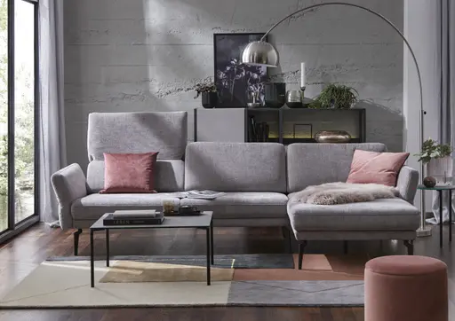 Ecksofa Estrela - 2,5-Sitzer mit Longchair rechts inkl. Rücken-/Armlehne verstellbar, Stoff, Grau