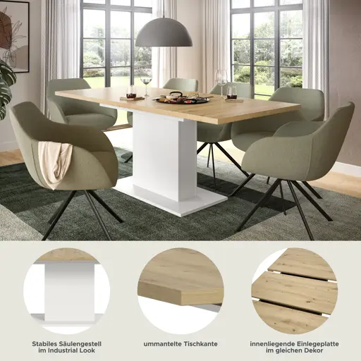 Esstisch - ausziehbar, LB ca. 150x90 cm, Artisan Eiche Nachbildung, Weiß