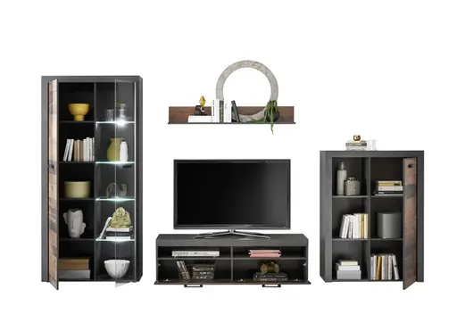 Wohnwand - mit Beleuchtung, Vintage Dekor, Betonoptik Dunkelgrau