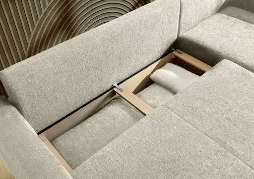 Ecksofa - 2-Sitzer mit Longchair rechts, Schaffunktion mit Bettkasten, Stoff, Beige