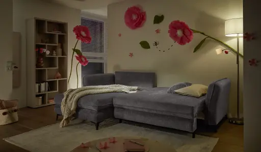 Ecksofa - Longchair links mit 2-Sitzer, Schlaffunktion mit Bettkasten, Stoff, Steingrau