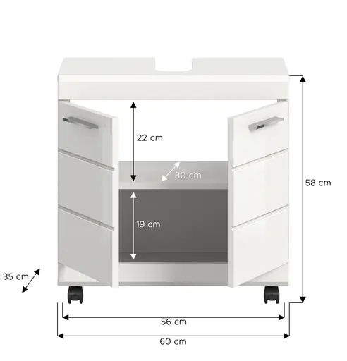 Waschbeckenunterschrank - B ca. 60 cm, Weiß, Weiß Hochglanz