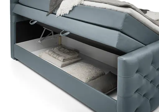 Boxspringbett SANDRIN E- Liegefläche ca. 200x200 cm, Stoff, Graublau, inkl. Stauraum und Fußteil