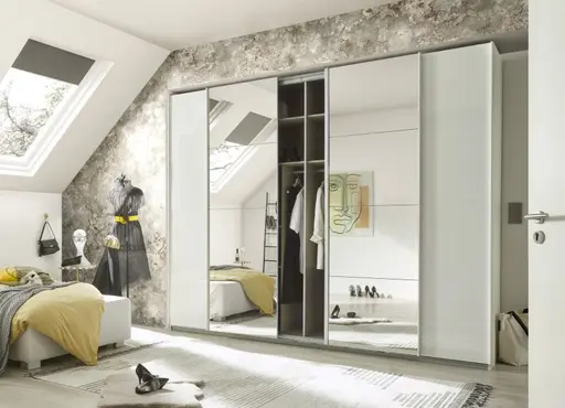 Schwebetürenschrank RIKK- B ca. 271 cm, Weiß, Weiß Hochglanz, Spiegel