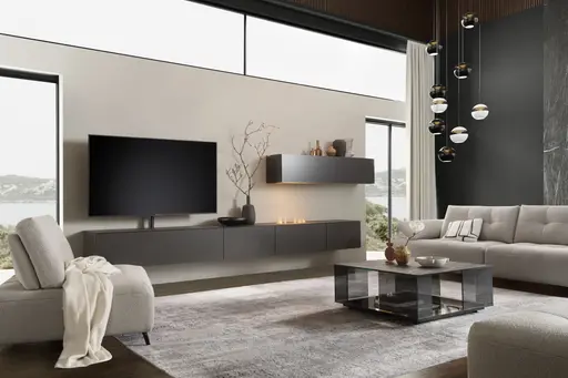 Wohnwand 3900 - inklusive Kamin und TV-Halterung, Lack, Schiefergrau