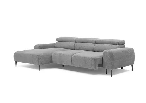 Ecksofa - Longchair links mit 2-Sitzer, Sitzvorzug motorisch, Kopfteil verstellbar, Stoff, Grau