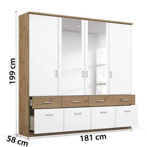 Drehtürenschrank ROYAN- B ca. 181 cm, Eiche Dekor, Weiß, Spiegel