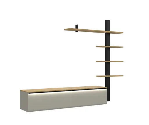 Wohnwand - mit Beleuchtung, B ca. 228 cm, Kaschmir, Gustavson Oak Nachbildung, Schwarz