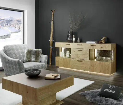 Sideboard - mit Beleuchtung, Kernwildasteiche Furnier, Nischenrückwand echte Baumrinde