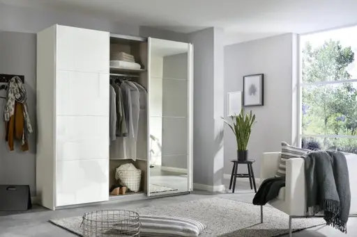 Schwebetürenschrank RIVASA- B ca. 203 cm, Weiß, Weiß Hochglanz, Spiegel