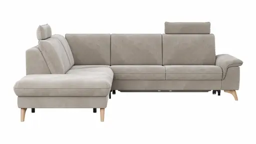 Ecksofa Tulsa KS - 1,5-Sitzer mit Anstellhocker aufklappbar links, Spitzecke und 2,5-Sitzer rechts, inkl. Kopfstütze, AL verstellbar und Schlaffunktion, Stoff, Graubeige