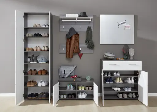 Garderobenschrank - Weiß Hochglanz, Grau