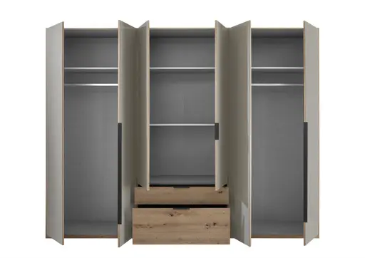 Drehtürenschrank WANJA- B ca. 270 cm, Eiche Dekor, Glas, Saharagrau