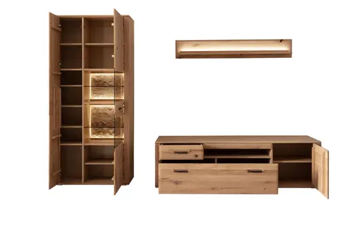 Wohnwand mit Beleuchtung - Balkeneiche, massiv