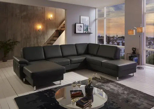 Wohnlandschaft - Longchair links mit 2,5-Sitzer und Ecke rechts,  Leder, Anthrazit