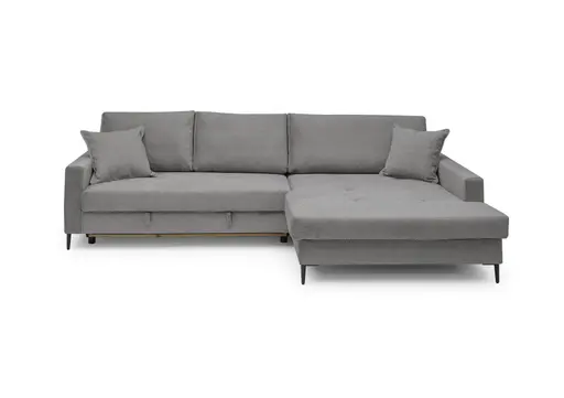 Ecksofa - 3-Sitzer mit Longchair rechts, Schlaffunktion mit Bettkasten, Stoff, Grau