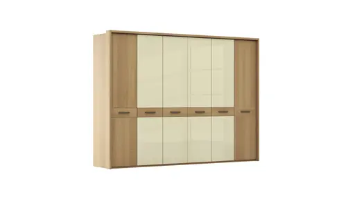 Drehtürenschrank Lenoso - B. ca. 306 cm, Eiche massiv, Glas, Champagner