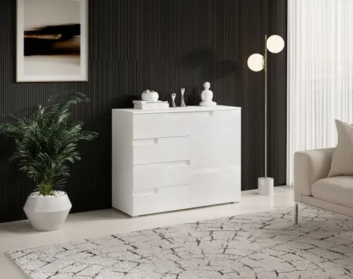 Kommode - B ca. 100 cm, Weiß, Weiß Hochglanz