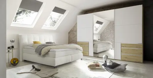 Schwebetürenschrank- B ca. 300 cm, Eiche Dekor, Weiß, Spiegel