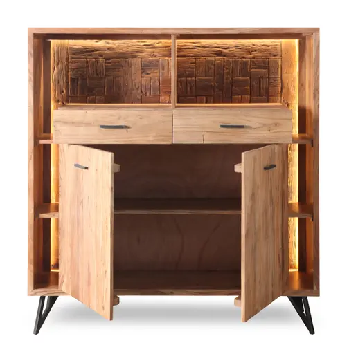 Highboard - mit Beleuchtung, B ca. 145 cm, Akazie massiv