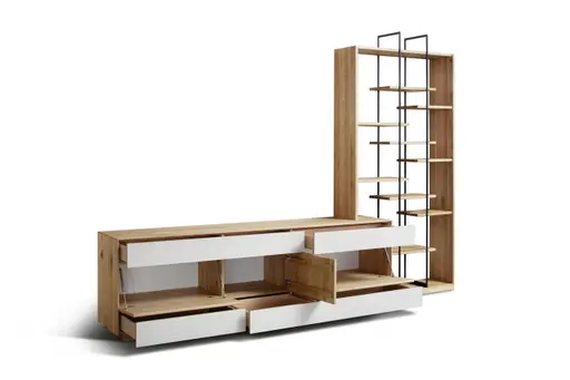 Wohnwand Mileto - BHT ca. 320x231x46 cm, Farbglas, Weiß, Naturdesign